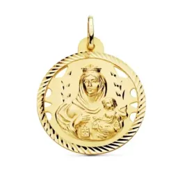 Medalla oro 18k Virgen del Carmen 28mm. detalles calados cerco hélice tallado