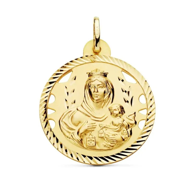Medalla oro 18k Virgen del Carmen 28mm. detalles calados cerco hélice tallado