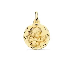 Medalla oro 18k Angelito paloma 16mm. relieve acabado matizado borde detalle tallado
