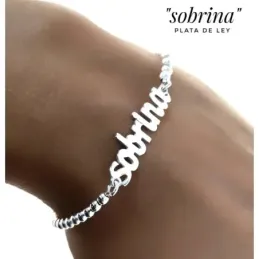 Pulsera plata Ley 925m 18cm. cadena bolas 3mm. detalle palabra SOBRINA 30mm. lisa cierre mosquetón