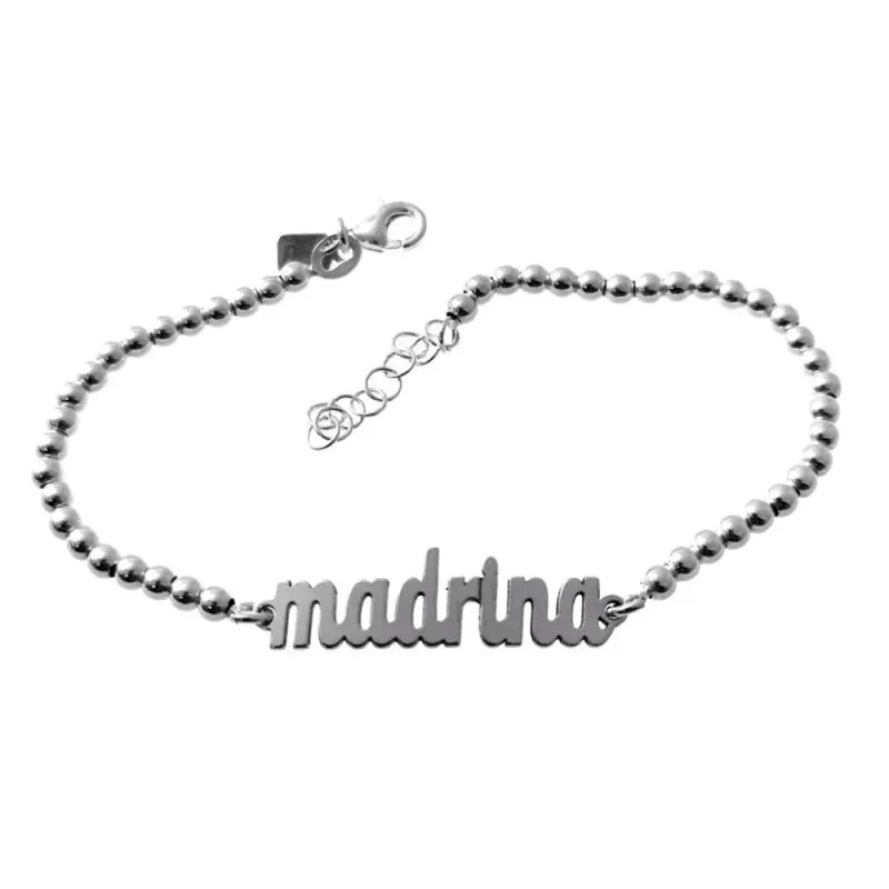 Pulsera plata Ley 925m 18cm. cadena bolas detalle palabra MADRINA 30mm. lisa cierre mosquetón