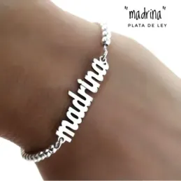 Pulsera plata Ley 925m 18cm. cadena bolas detalle palabra MADRINA 30mm. lisa cierre mosquetón