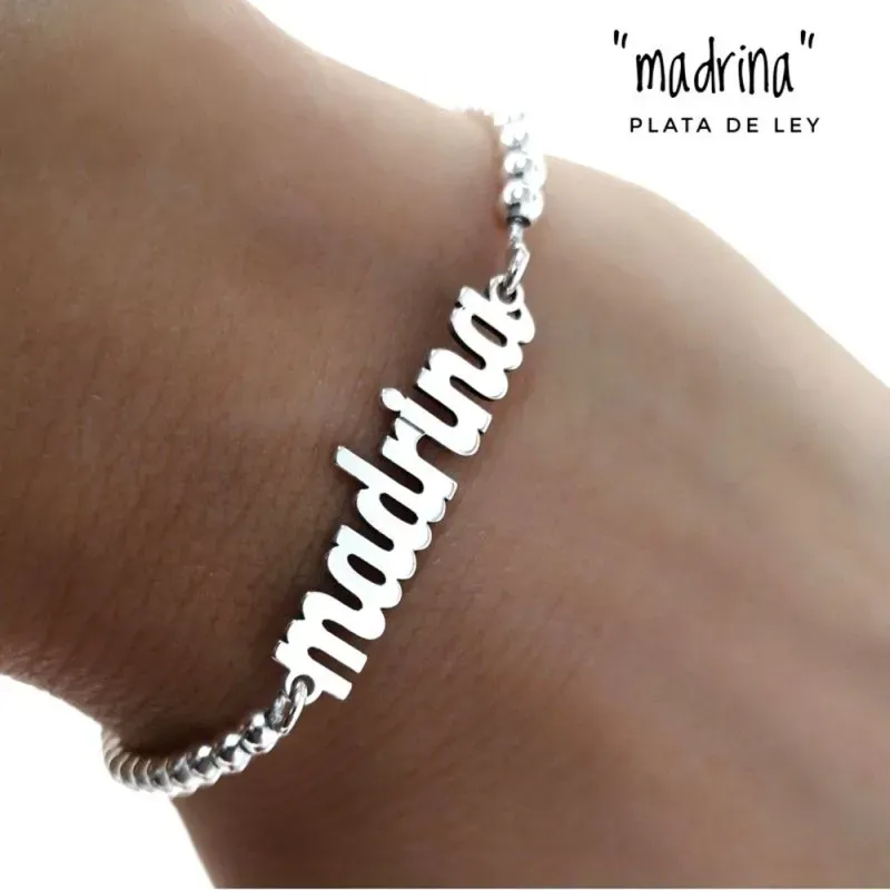 Pulsera plata Ley 925m 18cm. cadena bolas detalle palabra MADRINA 30mm. lisa cierre mosquetón