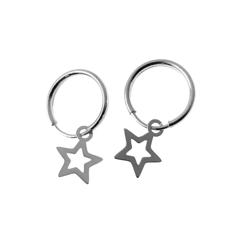 Pendientes plata Ley 925m aros 14mm. detalle estrella calada colgando