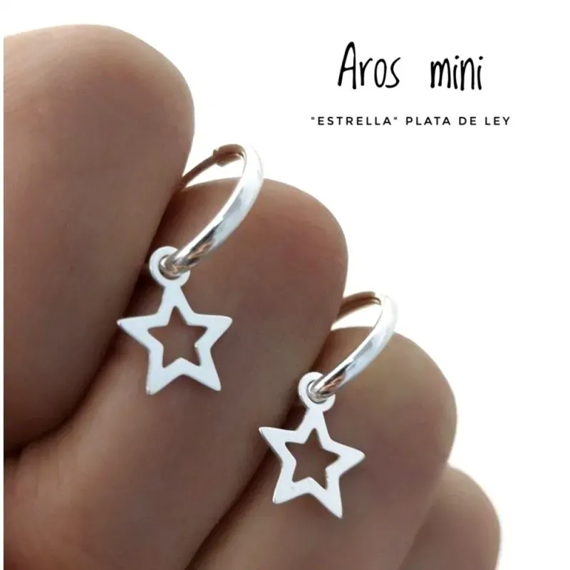 Pendientes plata Ley 925m aros 14mm. detalle estrella calada colgando