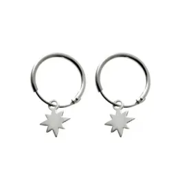 Pendientes plata Ley 925m aros 11mm. diámetro interior detalle estrella rosa de los vientos colgando