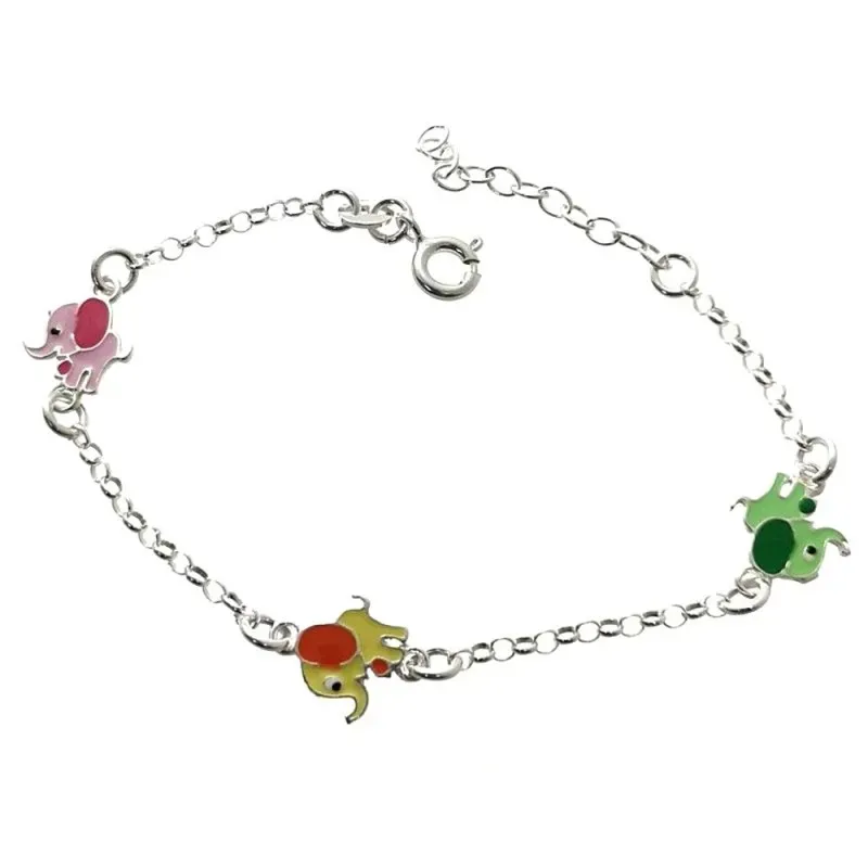 Pulsera plata Ley 925m infantil 15cm. elefantes esmaltados doble cara cadena rolo cierre reasa