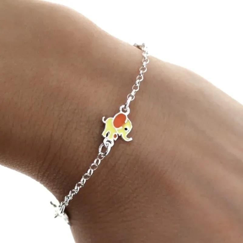 Pulsera plata Ley 925m infantil 15cm. elefantes esmaltados doble cara cadena rolo cierre reasa