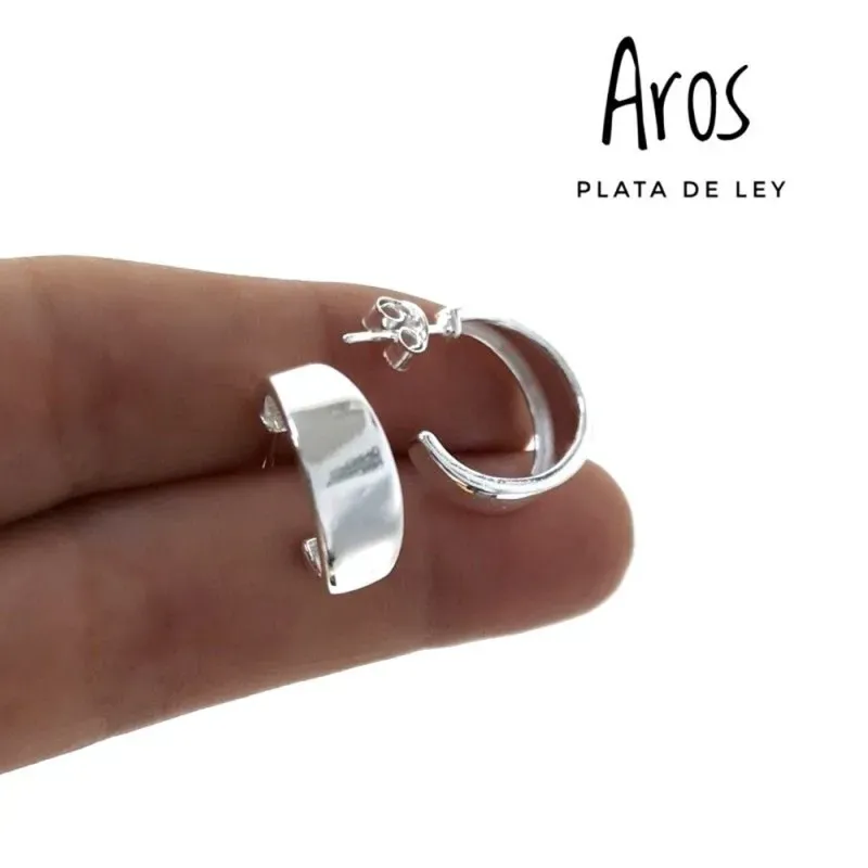Pendientes plata Ley 925m medio aro 15mm. planos lisos cierre presión