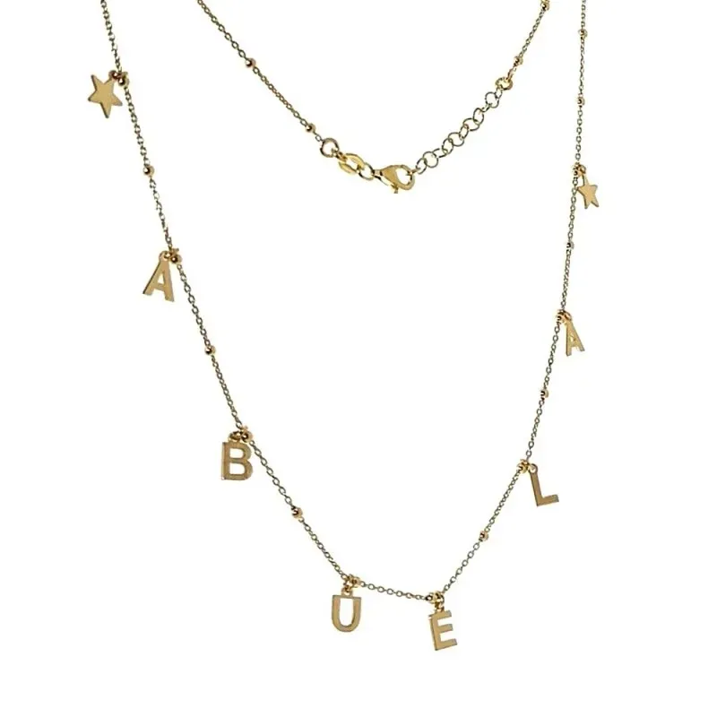 Gargantilla plata Ley 925m chapada oro 42cm. palabra ABUELA estrellas cadena bolas combinada