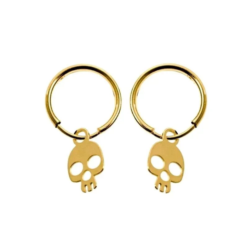 Pendientes plata Ley 925m chapados oro aros 11mm. diámetro interior detalle calavera calada colgando
