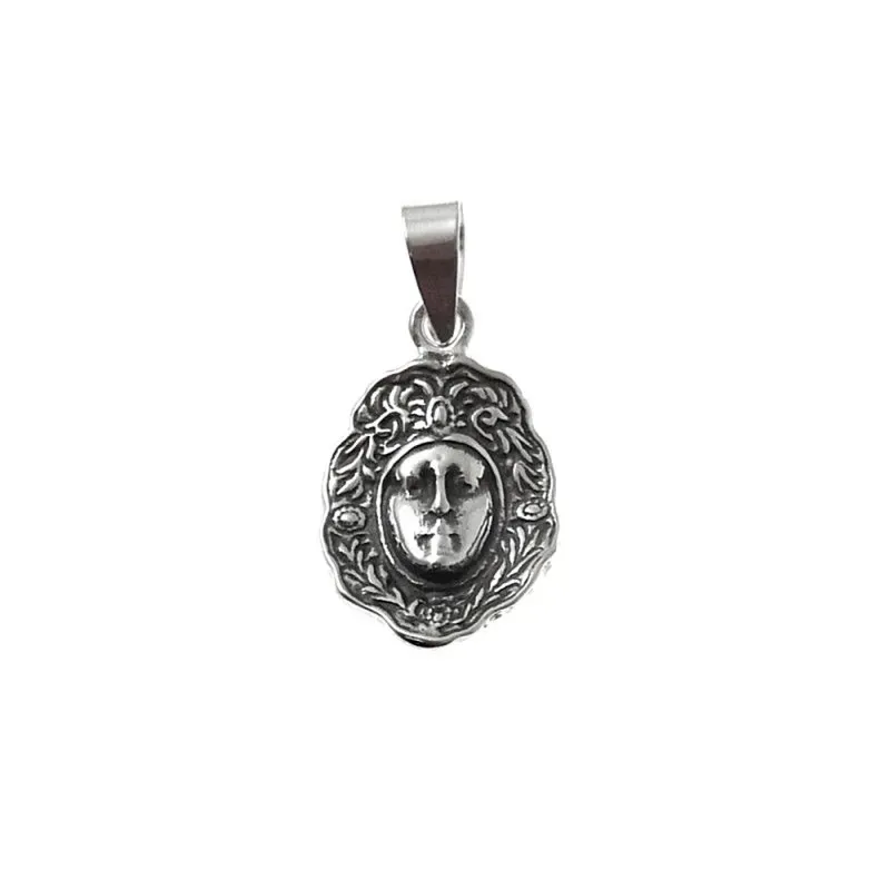 Colgante plata Ley 925m rostro 15mm. Virgen del Rocío detalles oxidados