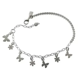 Pulsera plata Ley 925m cadena circonitas 15.5cm infantil charms flor mariposa mosquetón