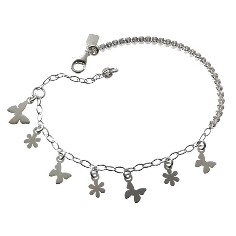 Pulsera plata Ley 925m cadena circonitas 15.5cm infantil charms flor mariposa mosquetón