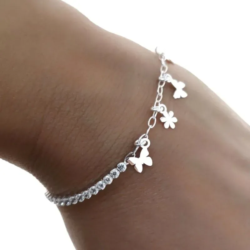 Pulsera plata Ley 925m cadena circonitas 15.5cm infantil charms flor mariposa mosquetón