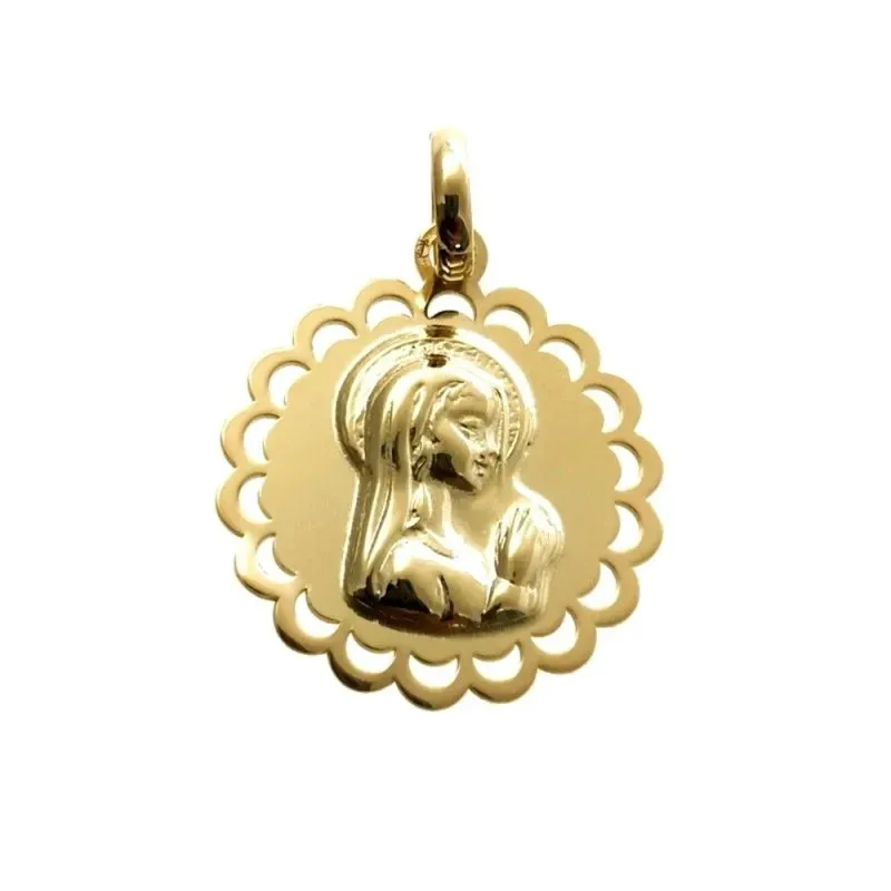 Medalla colgante plata Ley 925m chapada oro 19mm. Virgen Niña lisa borde calado forma