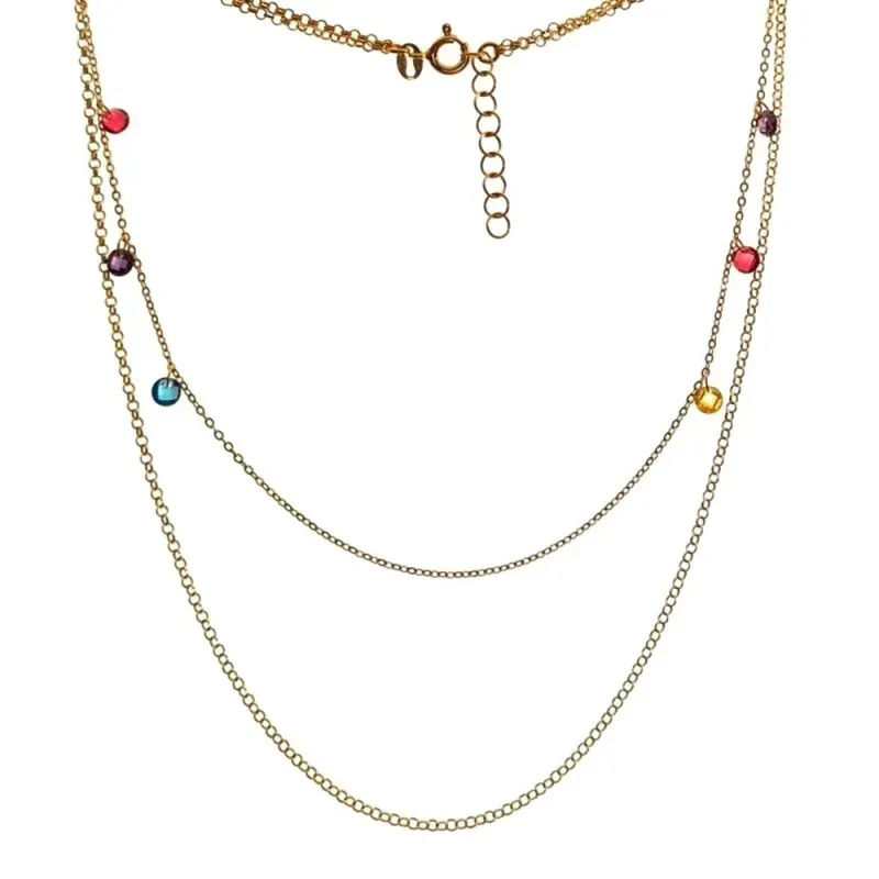 Gargantilla plata Ley 925m chapada oro cadena doble rolo larga 40.5cm. corta 35cm. piedras colores