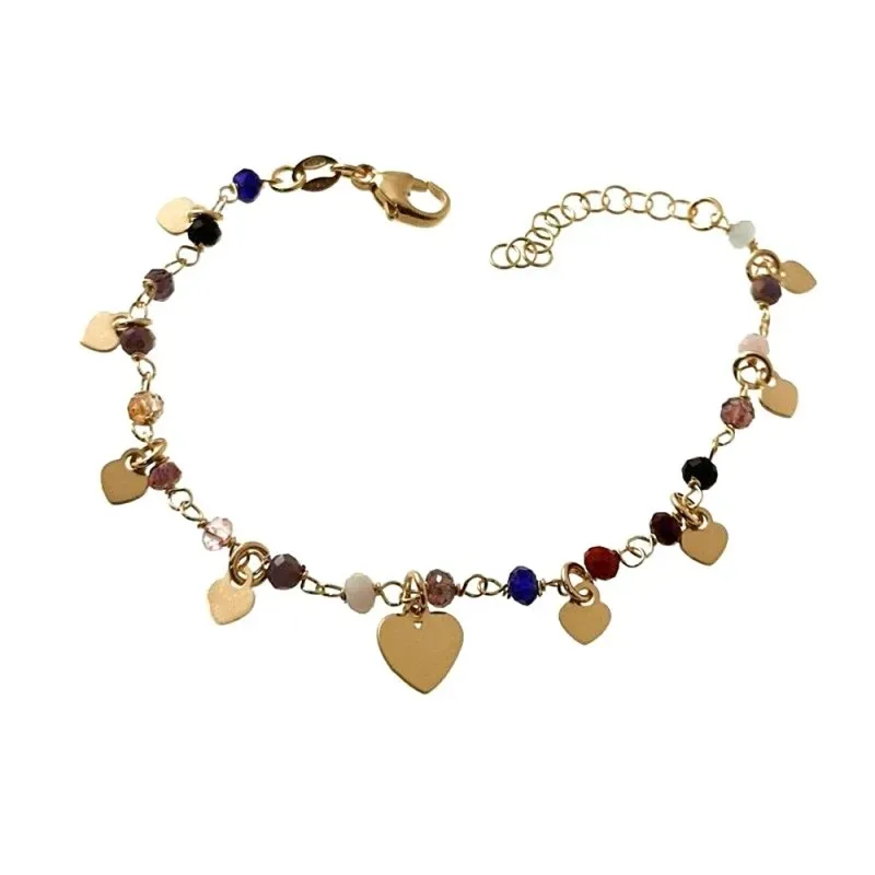 Pulsera plata Ley 925m chapada oro 16cm. piedras colores corazones lisos colgando cierre mosquetón
