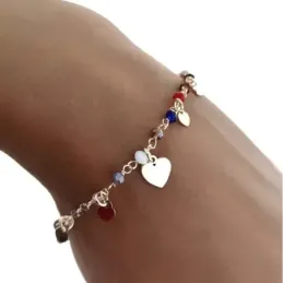 Pulsera plata Ley 925m chapada oro 16cm. piedras colores corazones lisos colgando cierre mosquetón