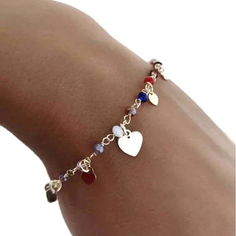 Pulsera plata Ley 925m chapada oro 16cm. piedras colores corazones lisos colgando cierre mosquetón