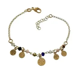 Pulsera plata Ley 925m chapada oro 17cm discos árboles de la vida colgando piedras colores mosquetón