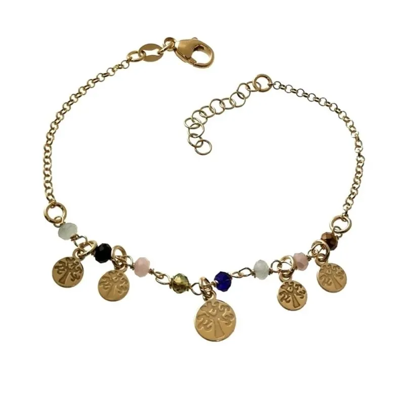 Pulsera plata Ley 925m chapada oro 17cm discos árboles de la vida colgando piedras colores mosquetón