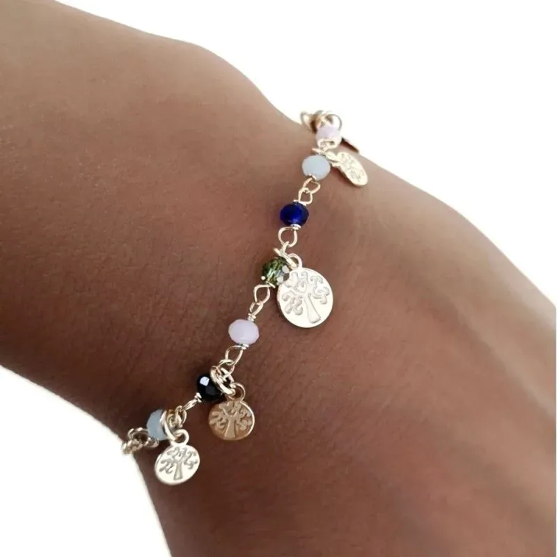 Pulsera plata Ley 925m chapada oro 17cm discos árboles de la vida colgando piedras colores mosquetón