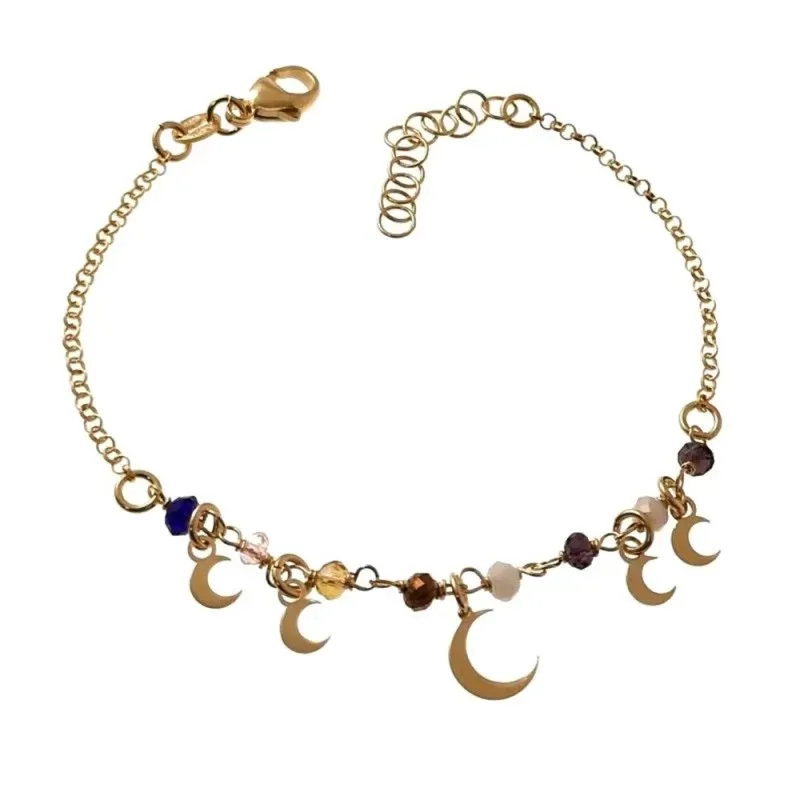 Pulsera plata Ley 925m cadena rolo 17cm. piedras colores lunas lisas colgando cierre mosquetón