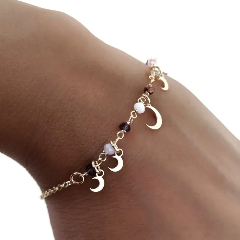 Pulsera plata Ley 925m cadena rolo 17cm. piedras colores lunas lisas colgando cierre mosquetón