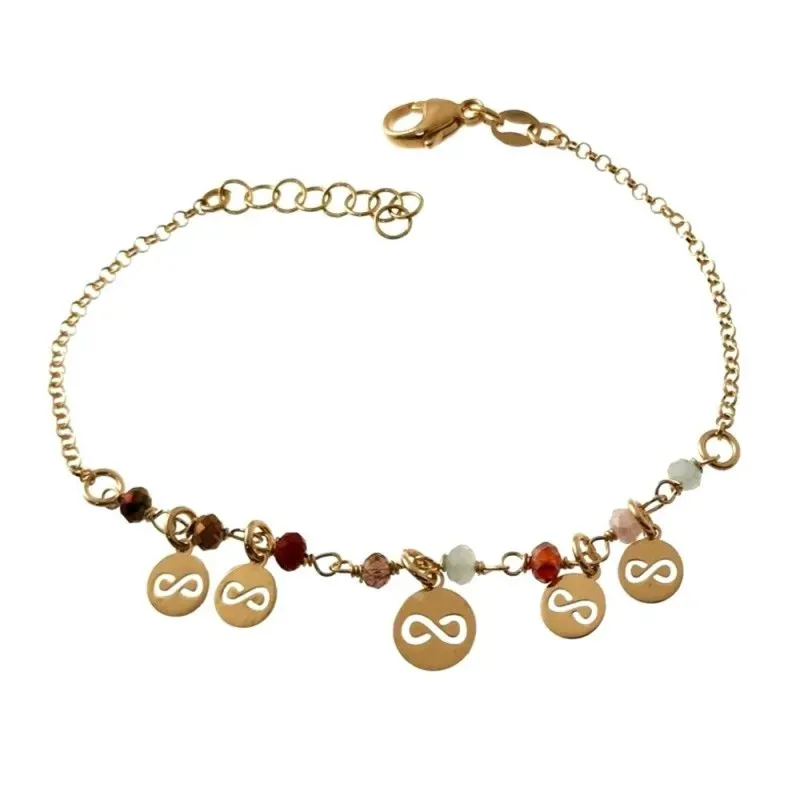 Pulsera plata Ley 925m chapada oro 17cm. piedras colores discos infinitos calados colgando