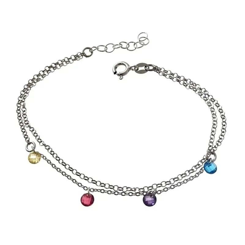 Pulsera plata Ley 925m rodiada cadena doble 18cm. discos piedras colores colgando cierre reasa