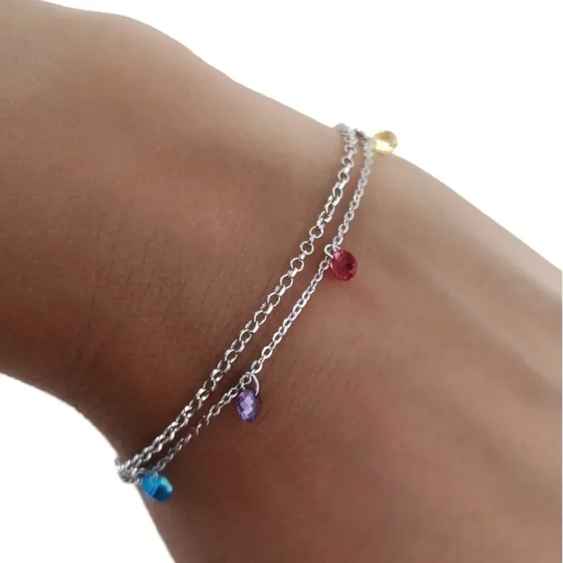 Pulsera plata Ley 925m rodiada cadena doble 18cm. discos piedras colores colgando cierre reasa