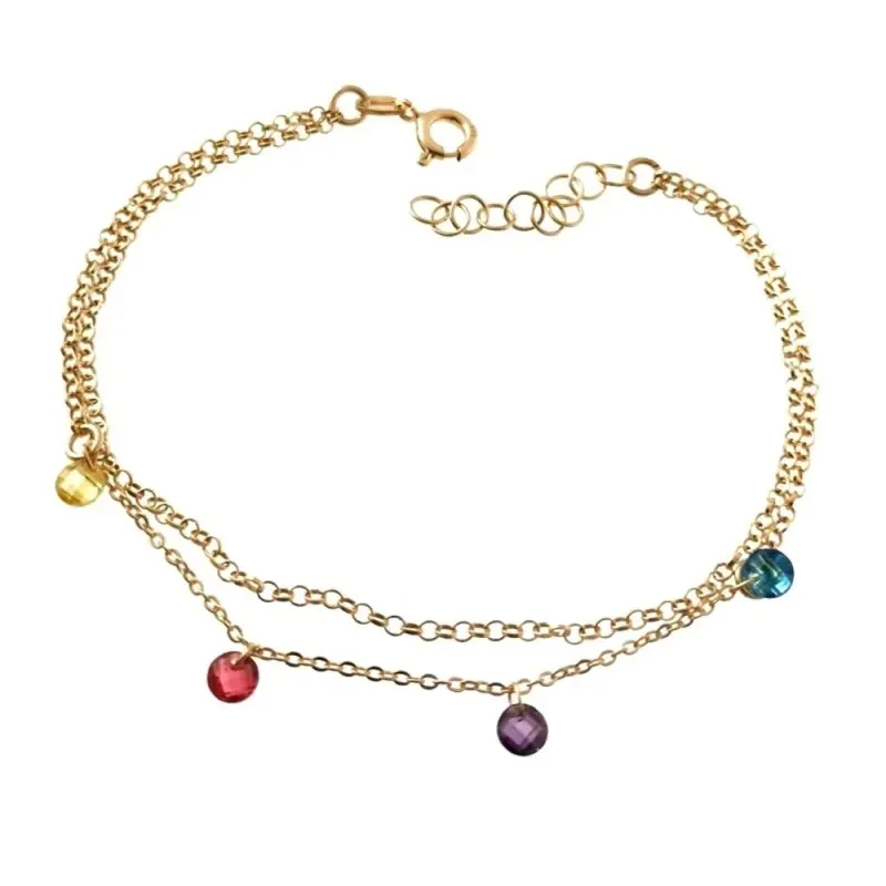 Pulsera plata Ley 925m chapada oro cadena doble 18cm. discos piedras colores colgando cierre reasa