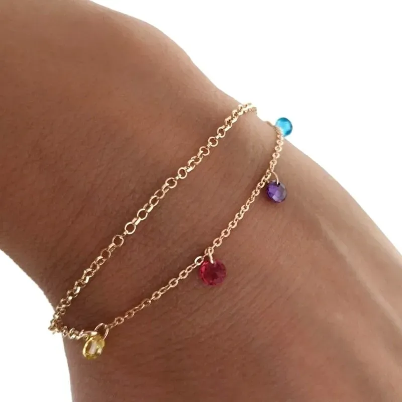 Pulsera plata Ley 925m chapada oro cadena doble 18cm. discos piedras colores colgando cierre reasa