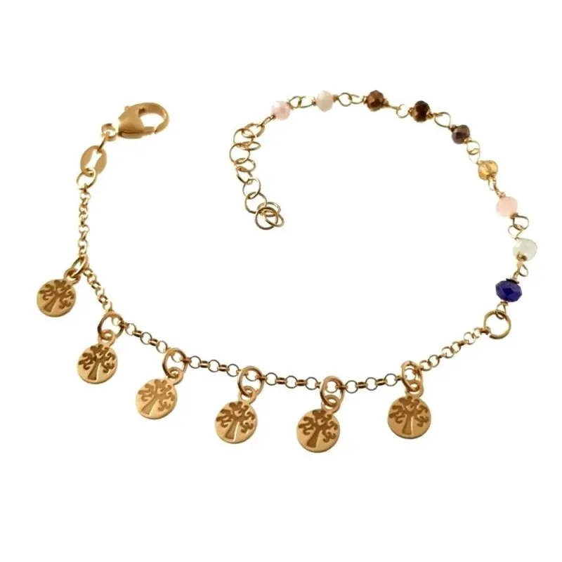 Pulsera plata Ley 925m chapada oro 17.5cm. piedras colores discos árboles de la vida colgando
