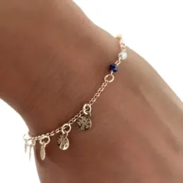 Pulsera plata Ley 925m chapada oro 17.5cm. piedras colores discos árboles de la vida colgando