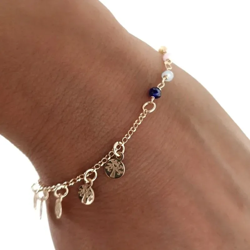 Pulsera plata Ley 925m chapada oro 17.5cm. piedras colores discos árboles de la vida colgando