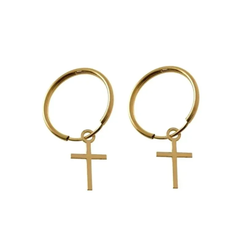 Pendientes plata Ley 925m chapados oro aros 15mm. diámetro interior cruz lisa colgando