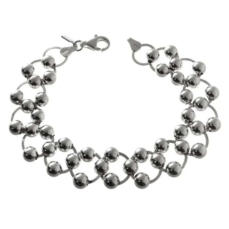 Pulsera plata Ley 925m 20cm. eslabones asas planas redondas bolas 6mm. entrelazadas cierre mosquetón