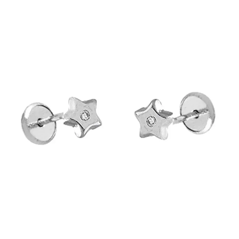 Pendientes oro blanco 18k bebé 4mm. estrella centro diamantes brillan