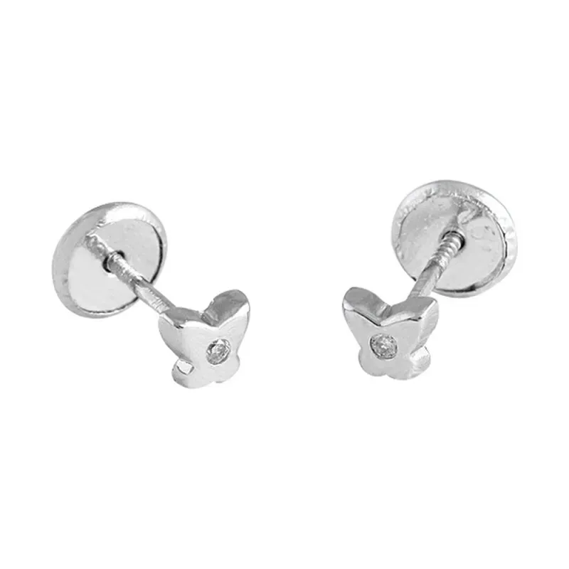 Pendientes oro blanco 18k bebé 4mm. mariposa centro diamantes brillan