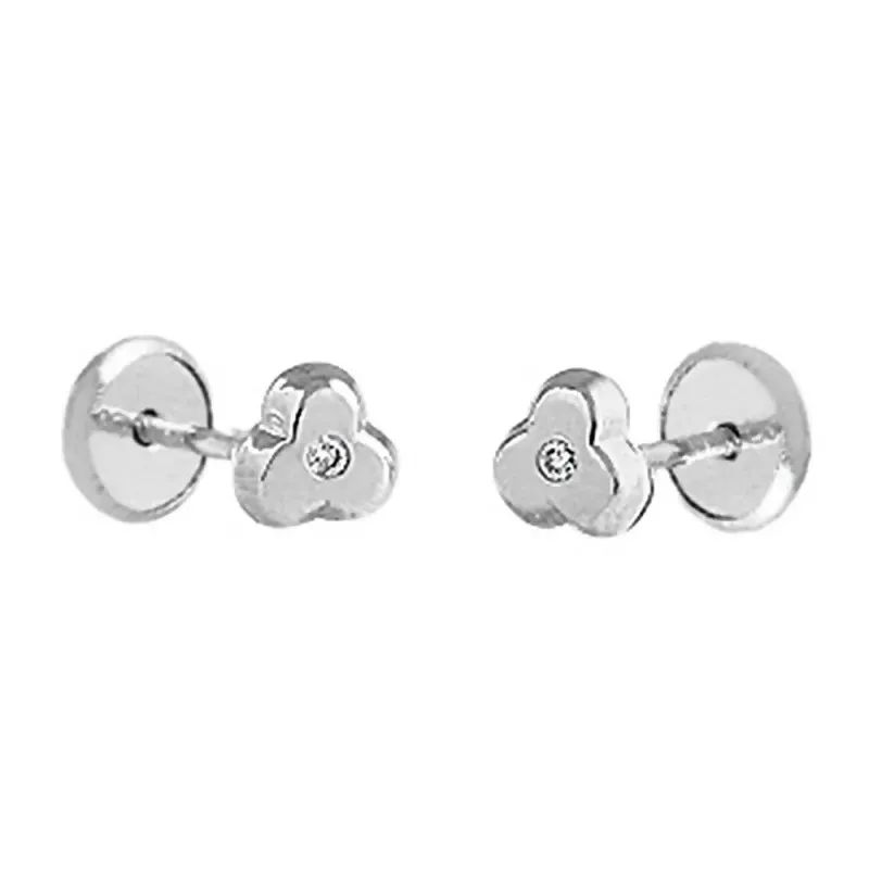 Pendientes oro blanco 18k bebé 4mm trébol centro diamantes brillantes