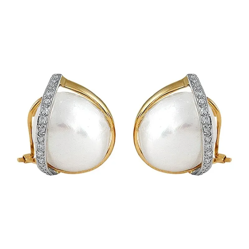 Pendientes bicolor 18k colección Martina perlas 14mm. banda diamantes