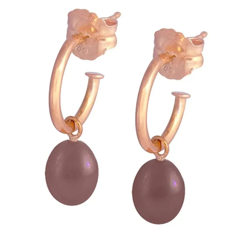 Pendientes oro rosa 18k colección Sena aros abiertos 8mm. perla marró