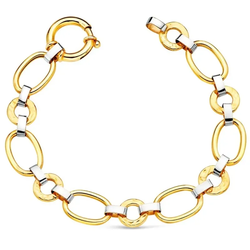 Pulsera oro bicolor 18k 19cm. eslabones ovales redondos detalles cier