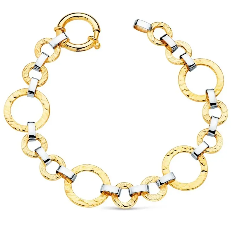 Pulsera oro bicolor 18k 20cm. eslabones redondos detalles tallados en