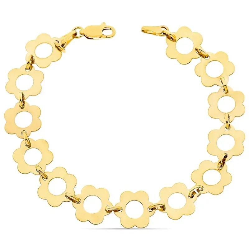 Pulsera oro 18k 19cm. eslabones flores lisas caladas cierre mosquetón