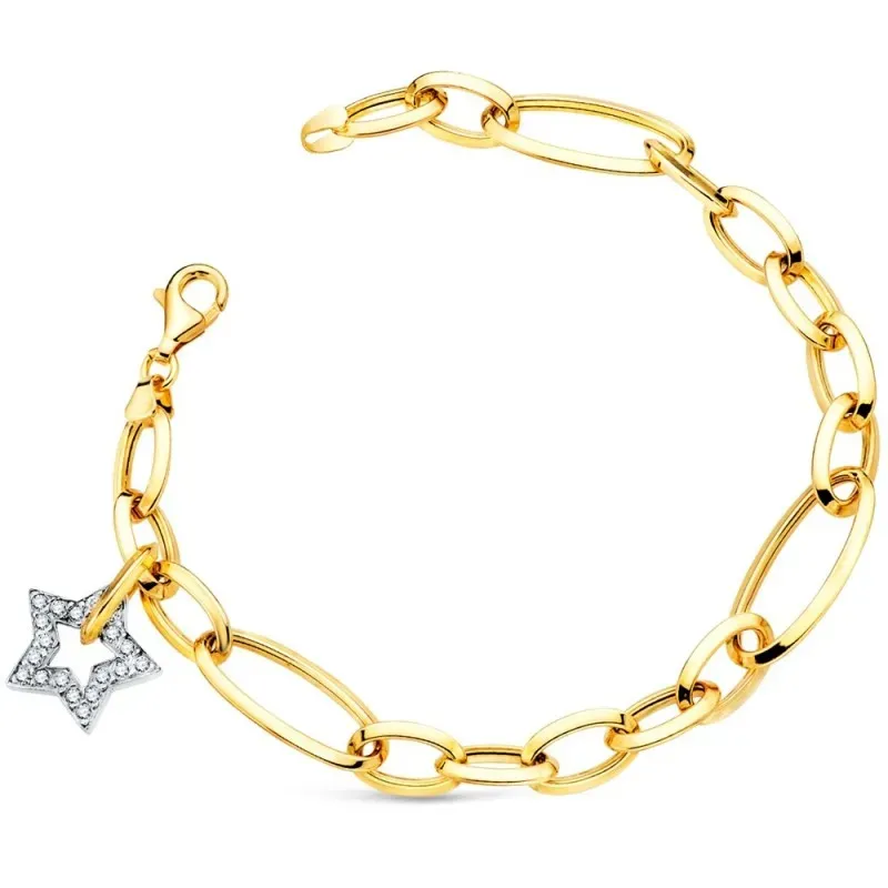 Pulsera oro bicolor 18k eslabones ovales 20cm. estrella circonitas co
