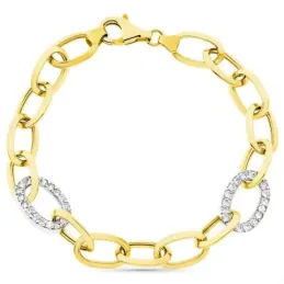 Pulsera oro bicolor 18k eslabones ovales 18.5cm. circonitas cierre mo