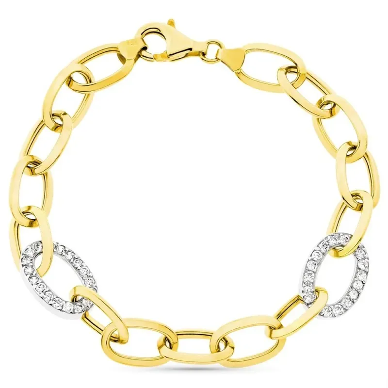 Pulsera oro bicolor 18k eslabones ovales 18.5cm. circonitas cierre mo